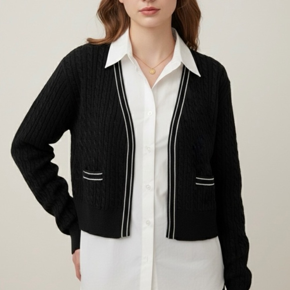 J. CREW Tipped Cable-Knit Cropped Cardigan Sweater Black White BO170